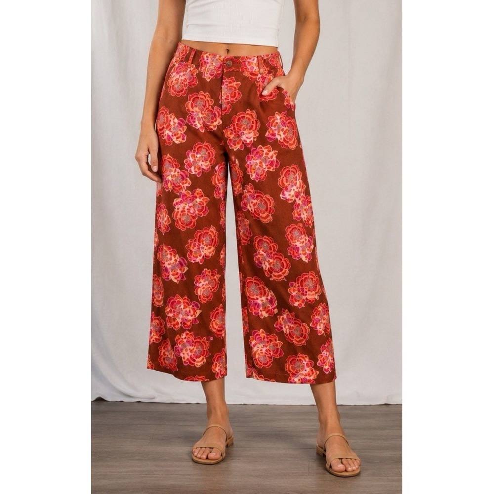 LOFT Coral Orange Floral Wide Leg Crop Flowy Pants Large